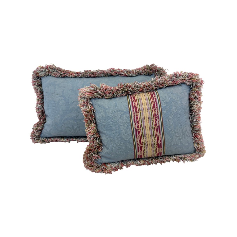 Blue Damask Lumbar Throw Pillows Down Filled Set of 2 w/Multi Color Brush Fringe